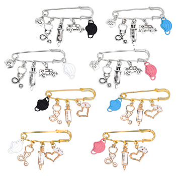 8Pcs 8 Style Nurse Cap & Injection Syringe & Ambulance Alloy Enamel Charms Safety Pin Brooches Set, Medical Theme Stainless Steel Lapel Pins for Sweater Shawl Clips Waist Pants Extender, Mixed Color, 25~47mm, 1Pc/style