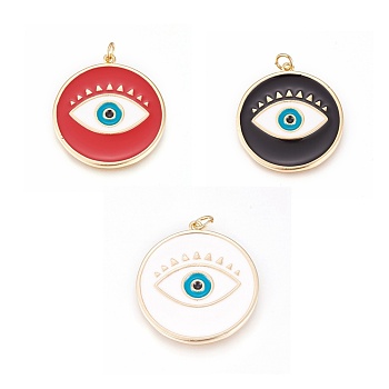 Brass Enamel Pendants, Long-Lasting Plated, Lead Free & Cadmium Free & Nickel Free, Flat Round with Evil Eye, Real 18K Gold Plated, Mixed Color, 31x28.5x2mm, Hole: 3.5mm