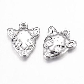 201 Stainless Steel Charms, Leopard Head, Stainless Steel Color, 13.5x12x3mm, Hole: 1mm