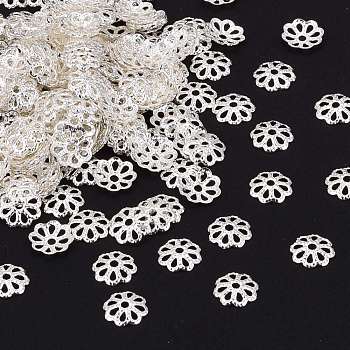 Silver Color Plated Brass Bead Caps, Multi-Petal, about 6mm in diameter, 1.5mm thick, Hole: 0.8mm