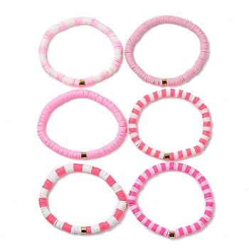 Handmade Polymer Clay Heishi Beads Stretch Bracelets Sets, with Golden Plated Stainless Steel Spacer Beads, Pink, Inner Diameter: 2 inch(5.2cm), 6pcs/set