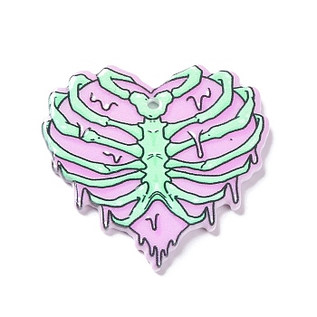 Printed Acrylic Pendants, Heart with Skeleton Charm, Pink, 34.5x35.5x2mm, Hole: 1.6mm