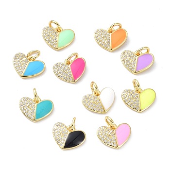 Brass Clear Cubic Zirconia Enamel Pendant, with Jump Rings, Long-Lasting Plated, Lead Free & Cadmium Free, Heart, Real 18K Gold Plated, Mixed Color, 10x12x2mm, Hole: 3.4mm