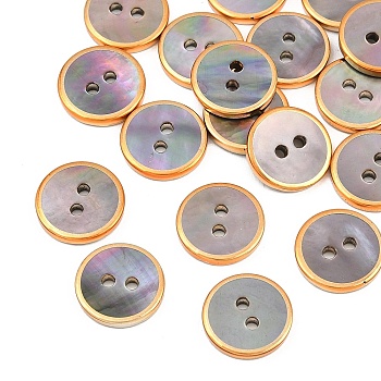 Golden Edge Naturl Black Lip Shell Button, 2-Hole Flat Round, Gray, 11.5x2mm, Hole: 1.5mm