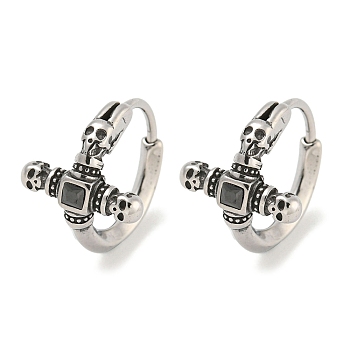 316 Surgical Stainless Steel Hoop Earrings, with Cubic Zirconia, Black, Cross with Skull, Antique Silver, 14x11.5mm