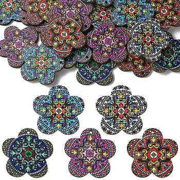 30Pcs 5 Colors Printed Natural Basswood Pendants, Flower Charms, Mixed Color, 33.5x34.5x3mm, Hole: 1.5mm, 6pcs/color