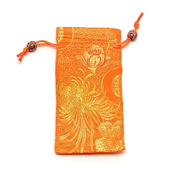 Polyester Pouches, Drawstring Bag, with Wood Beads, Rectangle with Floral Pattern, Orange, 16~17x7.8~8x0.35cm