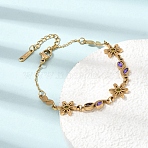 304 Stainless Steel Rhinestone Flower Leaf Link Chain Bracelets, Ion Plating(IP), Golden, Purple Velvet, 5.91 inch(15cm)(SA-CBAF6AD-14G)