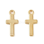 Brass Charms, Cross, Long-Lasting Plated, Nickel Free, Real 18K Gold Plated, 11x5x1mm, Hole: 1.2mm(KK-B137-08G)