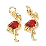 Brass Micro Pave Red Cubic Zirconia Pendants, Flamingo Shape Charms, Lead Free & Cadmium Free, Rack Plating, Long-Lasting Plated, Real 18K Gold Plated, 18x9x3.5mm, Hole: 3.3mm(CU-E003-11G-A)