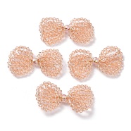 Copper Wire Wrapped Glass Beaded Bowknot Cabochons, Light Salmon, 24x41x5.5mm(FIND-G058-04A)