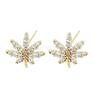 Brass Micro Pave Clear Cubic Zirconia Stud Earrings for Women, Real 18K Gold Plated, Leaf, 13x14mm(EJEW-S217-D04)