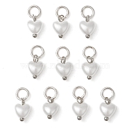 ABS Imitation Pearl Charms, Heart Charm, with 304 Stainless Steel Jump Ring, Stainless Steel Color, 9x6x3.5mm, Hole: 3mm(PALLOY-JF03222-01)