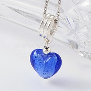 Heart Handmade Silver Foil Lampwork European Dangle Charms, with Silver Color Plated Alloy Findings and Iron Spacer Beads, Blue, 28x12mm, Hole: 4.5mm(PALLOY-JF00076-03)
