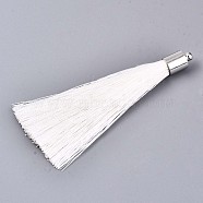 Fiber Tassel Big Pendant Decorations, with Platinum Plated Brass Finding, White, 70~73x7~25mm, Hole: 1.8mm(FIND-R085-023)