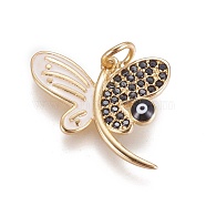Brass Enamel Charms, with Micro Pave Cubic Zirconia, Butterfly with Evil Eye, Golden, 15x18.5x2~3.5mm, Hole: 3mm(ZIRC-E145-72G)