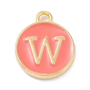 Golden Plated Alloy Enamel Charms, Enamelled Sequins, Flat Round with Alphabet, Letter.W, Hot Pink, 14x12x2mm, Hole: 1.5mm(X-ENAM-Q437-11W)
