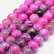 Faceted Natural Fire Crackle Agate Beads Strands, Round, Dyed & Heated, Hot Pink, 10mm, Hole: 1.5mm, about 38pcs/strand, 14 inch(35.6cm)(G-F447-10mm-A06)