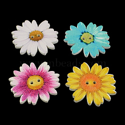Flower 2-Hole Printed Wooden Buttons, Mixed Color, 33x33x2mm, Hole: 2mm(X-BUTT-R032-127)