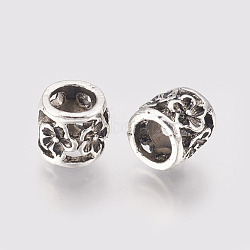 Hollow Alloy Beads, Large Hole Beads, Column with Flower, Antique Silver, 9.5x8.5mm, Hole: 6mm(MPDL-L016-07AS)
