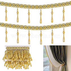 5.6~5.7M Polyester Fringe Lace Trims, with Teardrop Plastic Beads Tassel, for Curtain Decoration, Yellow, 4-1/8 inch(106mm)(SRIB-GA0001-06)