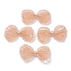 Copper Wire Wrapped Glass Beaded Bowknot Cabochons, Light Salmon, 24x41x5.5mm(FIND-G058-04A)