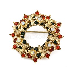 Rhinestone Alloy Brooches, Christmas Enamel Pins, Christmas Wreath, 42.5x41mm(JEWB-M047-02G-06)