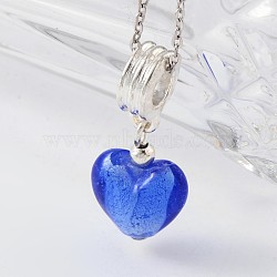 Heart Handmade Silver Foil Lampwork European Dangle Charms, with Silver Color Plated Alloy Findings and Iron Spacer Beads, Blue, 28x12mm, Hole: 4.5mm(PALLOY-JF00076-03)