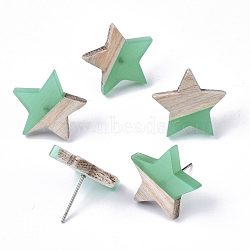 Transparent Resin & Wood Stud Earrings, with 304 Stainless Steel Pin, Star, Medium Sea Green, 17x18mm, Pin: 0.7mm(EJEW-N017-001A-D02)