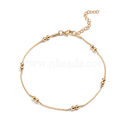 304 Stainless Steel Box Chain Anklets, with Round Beads and Lobster Claw Clasps, Golden, 9-7/8 inch(25cm), 1.5mm(AJEW-G024-12G)