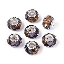 Transparent Resin Rondelle European Beads, with Gold Foill & Silver Tone Brass Double Cores, Large Hole Beads, Dark Gray, 13.5~14x8.5~9mm, Hole: 4.8~5mm(RESI-N044-01L)