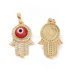 Brass Micro Pave Cubic Zirconia Pendants, with Handmade Evil Eye Lampwork, Hamsa Hand Charm, Real 18K Gold Plated, Red, 25x16x5mm, Hole: 4x6.5mm(ZIRC-F136-03G-06)