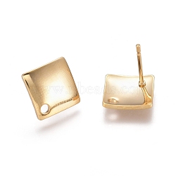 304 Stainless Steel Stud Earring Findings, with Loop, Rhombus, Real 18K Gold Plated, 13.5x13.5x2mm, Side Length: 10x10x2mm, Hole: 1.5mm, Pin: 0.8mm(STAS-M274-011G)