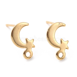 201 Stainless Steel Stud Earring Findings, with Horizontal Loop and 316 Stainless Steel Pin, Moon and Star, Real 24K Gold Plated, 11x7mm, Hole: 1.4mm, Pin: 0.7mm(STAS-K241-28G)