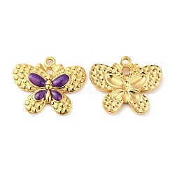 304 Stainless Steel Enamel Pendants, Real 18K Gold Plated, Butterfly Charm, Purple, 20x24x2.5mm, Hole: 2mm(STAS-K256-16G-03)