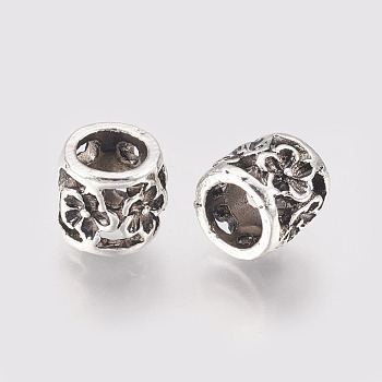 Hollow Alloy Beads, Large Hole Beads, Column with Flower, Antique Silver, 9.5x8.5mm, Hole: 6mm
