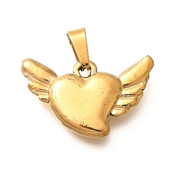 201 Stainless Steel Pendants, Heart with Wing Charm, Ion Plating(IP), Golden, 13.5x22x3.5mm, Hole: 6x3mm