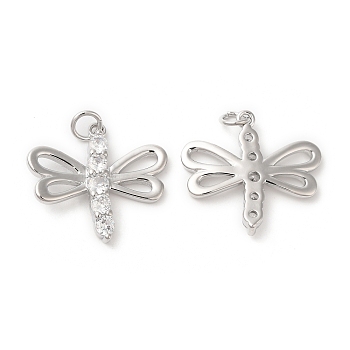 Brass & Cubic Zirconia Pendants, Dragonfly Charm, Real Platinum Plated, 20x22x3mm, Hole: 3mm