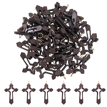 50Pcs Cross Wood Pendants, with 304 Stainless Steel Open Jump Rings, Coconut Brown, 47.6mm