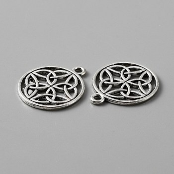 Tibetan Style Alloy Charms, Hollow, Flat Round with Flower, Antique Silver, 21x18x1.3mm, Hole: 1.8mm