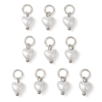 ABS Imitation Pearl Charms, Heart Charm, with 304 Stainless Steel Jump Ring, Stainless Steel Color, 9x6x3.5mm, Hole: 3mm