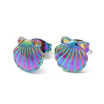 Ion Plating(IP) 304 Stainless Steel Shell Stud Earrings for Women, Rainbow Color, 10x10mm, Pin: 0.8mm