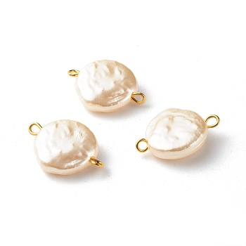 ABS Plastic Imitation Pearl Beads Link, with Golden Brass Findings, Flat Round, Beige, 19.5x14x5mm, Hole: 1.5mm