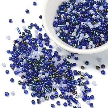 Opaque & Transparent Inside Colours Glass Seed Beads, Round Hole, Round & Tube, Indigo, 2~3x1.5~9mm, Hole: 0.8~1mm