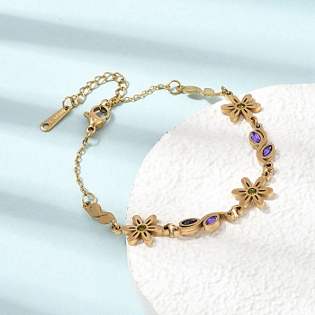 304 Stainless Steel Rhinestone Flower Leaf Link Chain Bracelets, Ion Plating(IP), Golden, Purple Velvet, 5.91 inch(15cm)