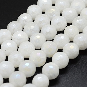 Electroplated Natural White Jade Beads Strands, Round, Faceted(128 Facets), 12mm, Hole: 1mm, about 31pcs/strand, 14.9 inch(38cm)