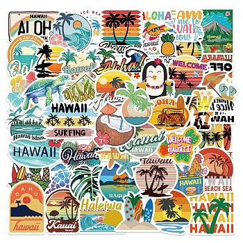 50Pcs Hawaii PVC Self Adhesive Stickers Set, Waterproof Beach Theme Decals, for Water Bottles, Laptop, Luggage, Cup, Computer, Mobile Phone, Skateboard, Guitar, Mixed Color, 44~54x52~73x0.1mm