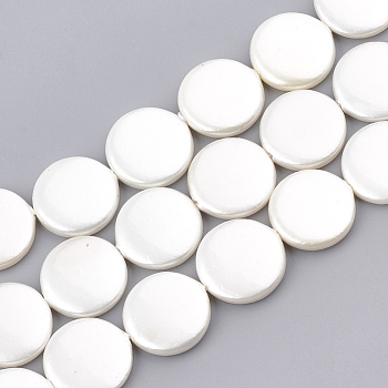 Spray Paint Freshwater Shell Beads, Flat Round, White, 14x3~3.5mm, Hole: 0.5mm, about 36~38pcs/strand, 14.9 inch~16.1 inch
