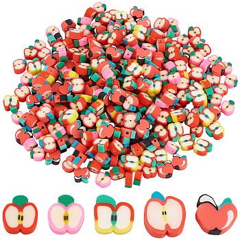 Elite 300Pcs 5 Styles Handmade Polymer Clay Beads, Apple Slice, Mixed Color, 6~12x8~11x3~5mm, Hole: 1.2~1.6mm, 50pcs/style