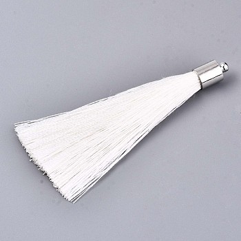 Fiber Tassel Big Pendant Decorations, with Platinum Plated Brass Finding, White, 70~73x7~25mm, Hole: 1.8mm